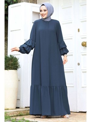 Petrol Çift Balon Kol Detaylı Eteği Volanlı Ferace Petrol Çift Balon Kol Detaylı Eteği Volanlı Ferace