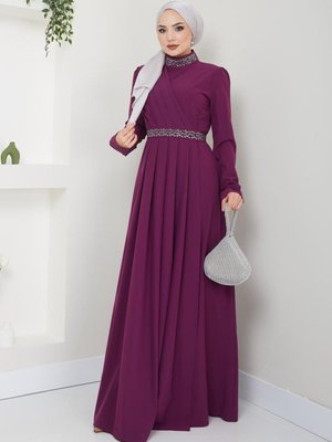 Kemeri Yakası Taşlı Abiye Elbise