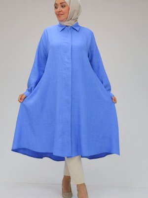 İndigo Büyük Beden Keten Airobin Mevlana Gömlek Tunik