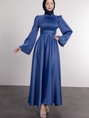 İspanyol Kol Beli Dolamalı Saten Abiye Elbise