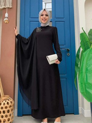 Tek Kol Şifon Pelerin Omuz İşleme Detay Abiye Elbise Siyah