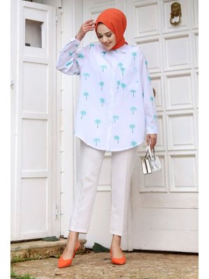 Mavi Palmiye Desenli Tunik