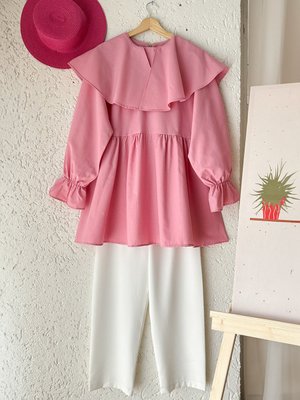 Pembe Yakalı Marul Kol Tunik & Beyaz Krep Boru Paça Pantolon Takım