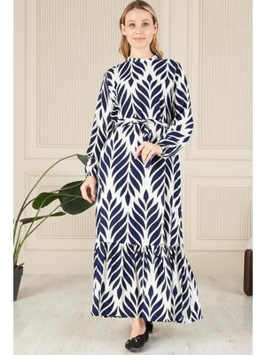 Lacivert Kadin Hakim Yaka Buyuk Beden Tesettur Viskon Kumas Pileli Ve Piliseli Elbise