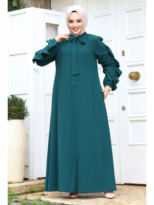 Petrol Kolu Fırfırlı Yakası Bağlama Detaylı Ferace Petrol Kolu Fırfırlı Yakası Bağlama Detaylı Ferace