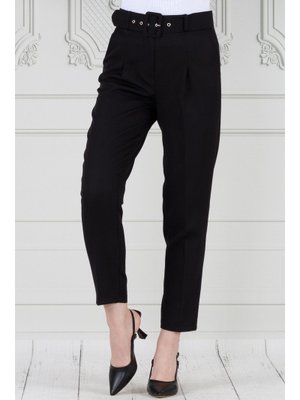 Siyah Beli Kemerli Pileli Kalem Pantolon