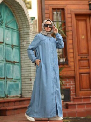 Denim Fermuarlı Ferace Mavi