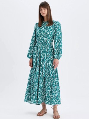 Bisiklet Yaka Desenli Viskon Uzun Kollu Maxi Elbise D2778ax24hs