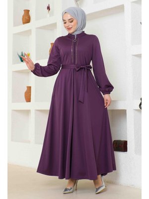 Mor Önden Fermuarlı Taş Detaylı Ferace