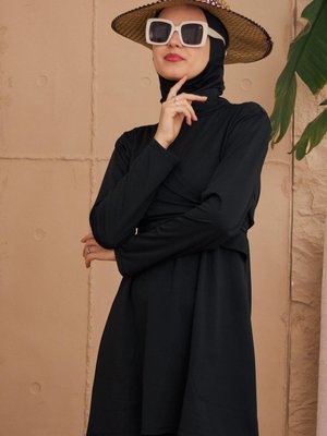 Siyah Kelebek Model Kruvaze Tasarım Tam Kapalı Mayo