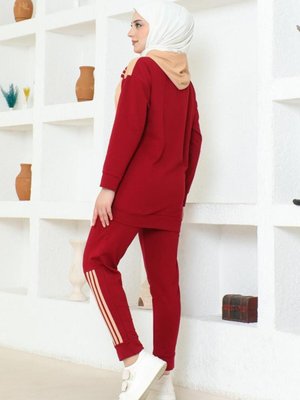 Kapüşonlu İkili Eşofman Takımı Bordo Latte Kapüşonlu İkili Eşofman Takımı Bordo Latte