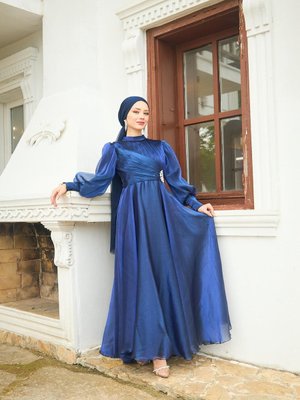 Beli Çiçek Taş Desenli Abiye Elbise Lacivert Beli Çiçek Taş Desenli Abiye Elbise Lacivert