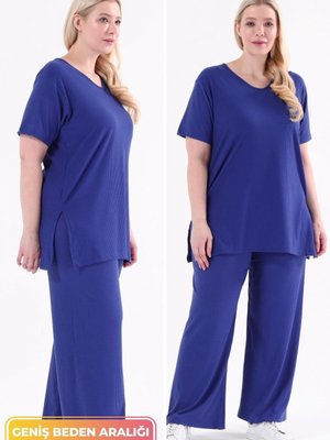 Büyük Beden Organik Pamuklu Eşofman Takımı Yandan Yırtmaçlı Fitilli Model Şık Takım