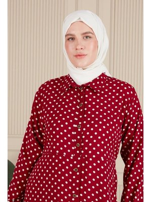 Bordo Kadin Buyuk Beden Çıtır Desen Yazlik Tesettur Elbise