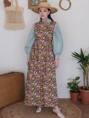 Turuncu Tabanı Siyah Menekşe Jile & Mint Yeşili Klasik Yaka Crop Gömlek Takım