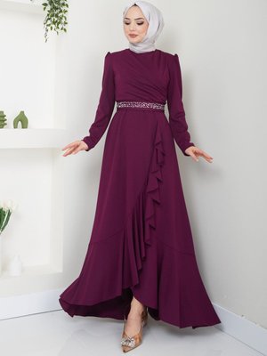 Eteği Volanlı Kemeri Taşlı Tesettür Abiye Elbise