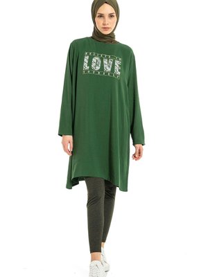 Love Baskılı Yeşil Renk Viskon Tunik