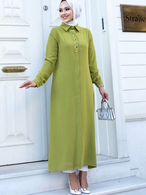 Önleri Toka Detaylı Gizli Düğmeli Uzun Ferace Tunik