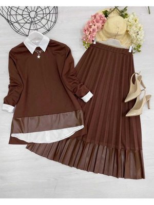 Deri Detaylı Etekli Kombin