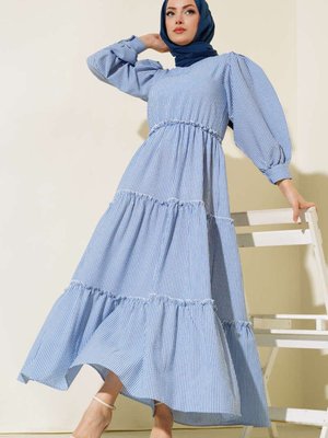 İndigo Mavi Sue Çizgili Kat Piliseli Gofre Müslin Kumaş Elbise