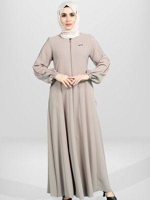 Bej Fermuarlı Biye Detaylı Yandan Cepli Kloş Kesim Renk Ferace