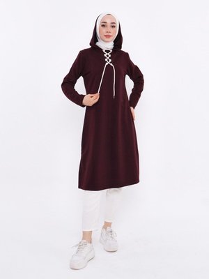 Kapüşonlu Uzun Sweatshirt Mürdüm