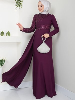 Pul Payet Pelerinli Balık Abiye Elbise Mürdüm