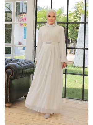 Beyaz Ecrin Şifon Abiye Elbise
