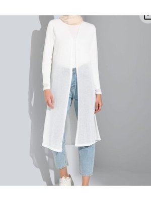 Sade Uzun İnce Triko Ekru Hırka