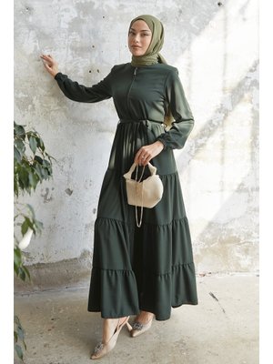 Haki Kuşaklı Eteği Büzgü Ferace