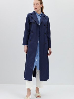 Yanları Düğmeli Rüzgarlık Detaylı Trençkot Lacivert