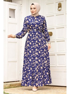 İndigo Çiçek Desenli Beli Kuşaklı Volanlı Elbise