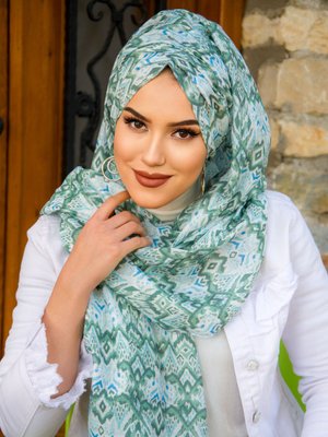 Yeşil Beyaz Etnik Hazır Şifon Şal