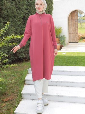 Armine Trend Ribanalı Fermuarlı Krep Kumaşlı Tunik Gül Kurusu