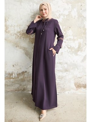 Bağcık Detay Nakışlı Mürdüm Ferace