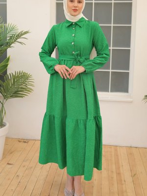 Kabartma Desenli Elbise Yeşil