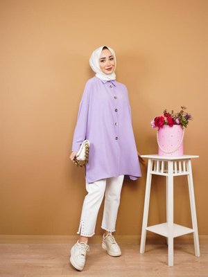 Düğmeli Lila Uzun Gömlek Tunik