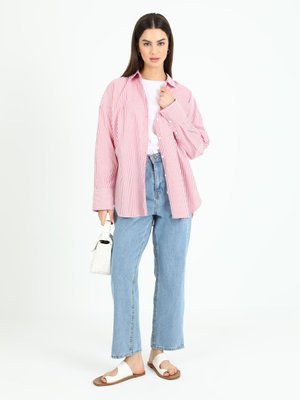 Kırmızı Beyaz Çizgili Pamuklu Gömlek Gri Mavi