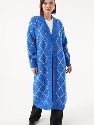 Baklava Desenli İndigo Uzun Hırka