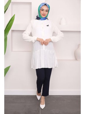 Beyaz Kol Lastikli Eteği Katlı Tunik
