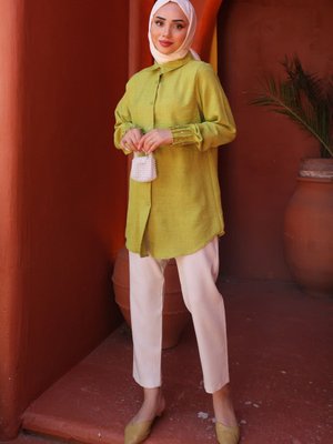 Yağ Yeşili Kol Taşlı Ayrobin Gömlek