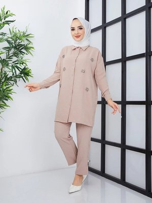 Keten Taşlı Yakalı Düğmeli Yazlık Alt Üst Takım Keten Taşlı Yakalı Düğmeli Yazlık Alt Üst Takım