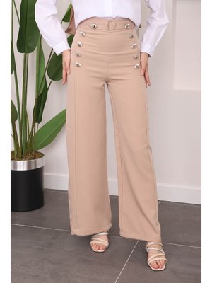 Bej Yüksek Bel Düğme Detaylı Geniş Paça Pantolon
