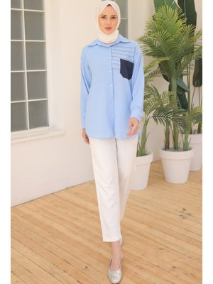 Açık Mavi Nakış Detaylı Cepli Gömlek