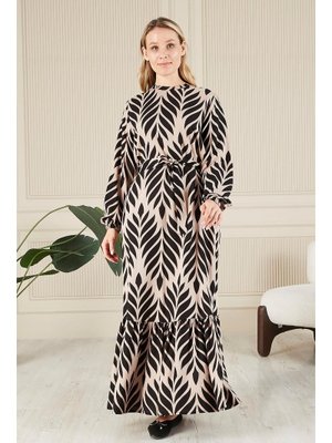 Kahverengi Kadin Hakim Yaka Buyuk Beden Tesettur Viskon Kumas Pileli Ve Piliseli Elbise