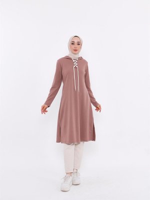 Eflin Yakadan Bağlamalı Kapüşonlu Uzun Sweatshirt Nescafe