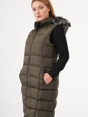 Kürk Yaka Midi Şişme Yelek Haki