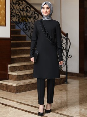 Siyah Orkide Tunik & Pantolon İkili Abiye Takım