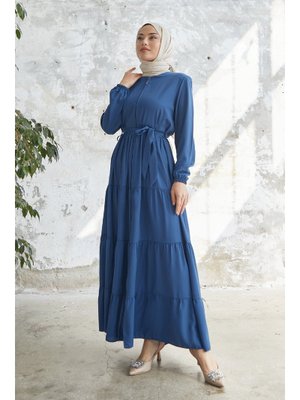 İndigo Kuşaklı Eteği Büzgü Ferace İndigo Kuşaklı Eteği Büzgü Ferace
