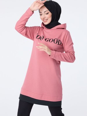 Düz Kapüşonlu Yaka Pembe Sweat Düz Kapüşonlu Yaka Pembe Sweat